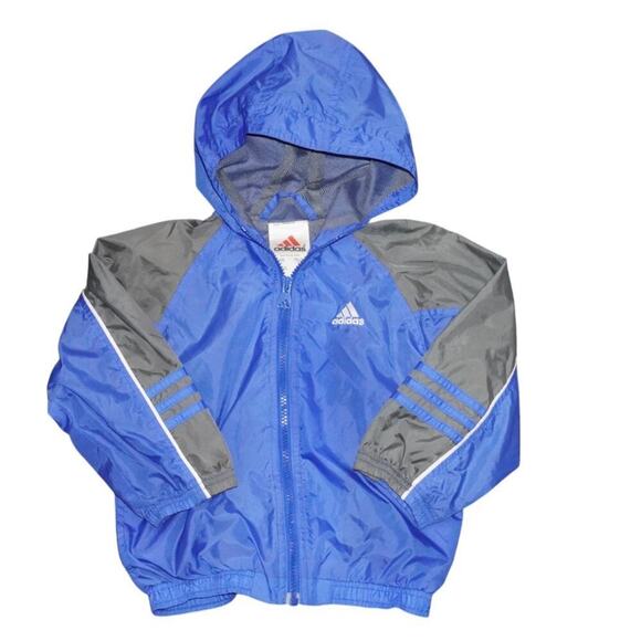Vintage Adidas Kids Windbreaker Jacket Blue Gray Hooded Mesh Lined Size L - Picture 1 of 8